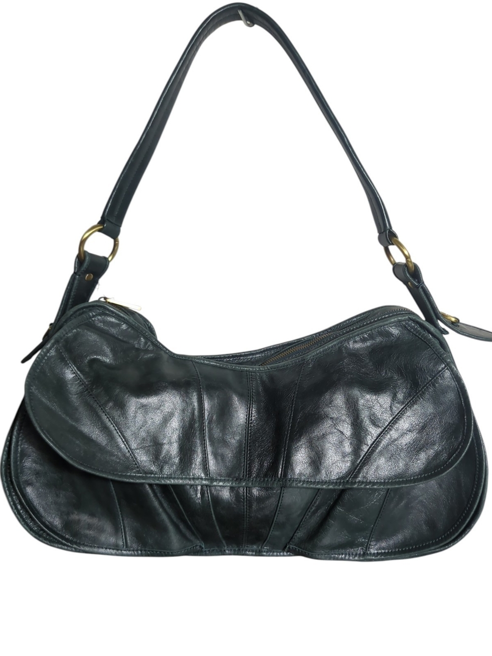 Y2K Trina Turk Dark Green Leather Patchwork Butterfly Crescent Hobo Shoulder Bag